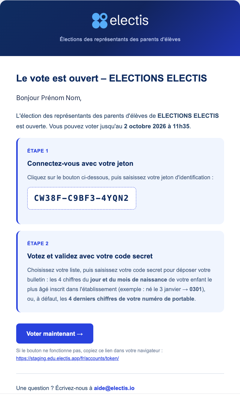 E-mail Le vote est ouvert, avec le jeton de vote, l'explication du code secret et le bouton Voter maintenant