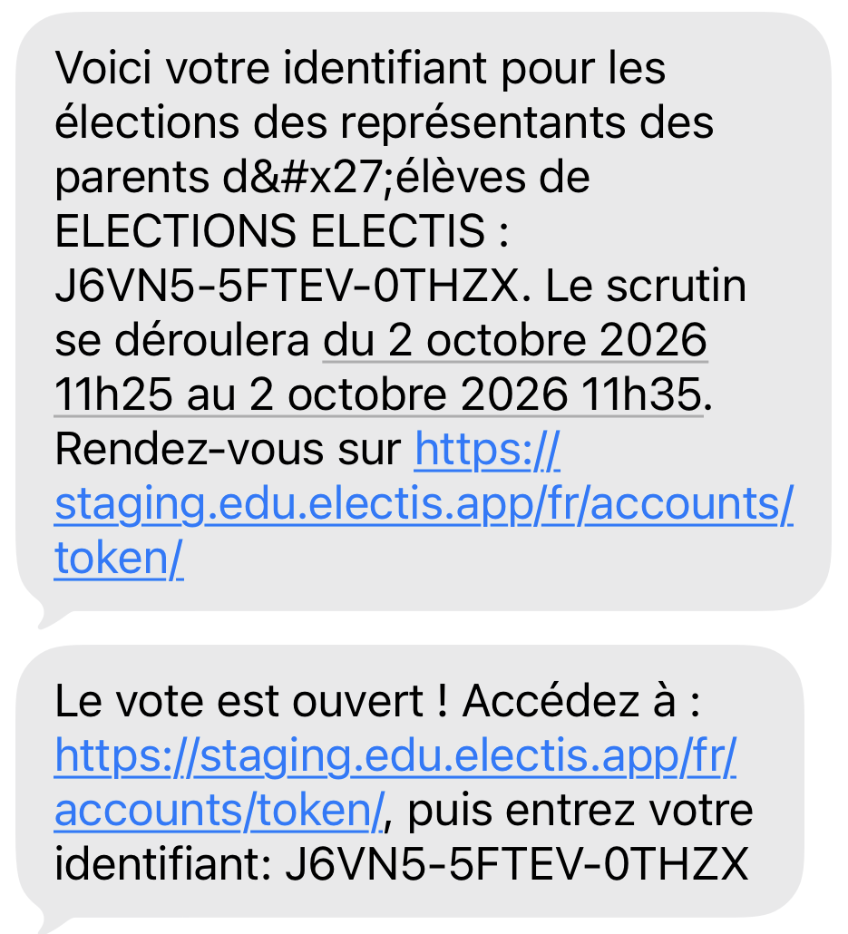 SMS Electis contenant l'identifiant de vote, les dates du scrutin et le lien vers la plateforme