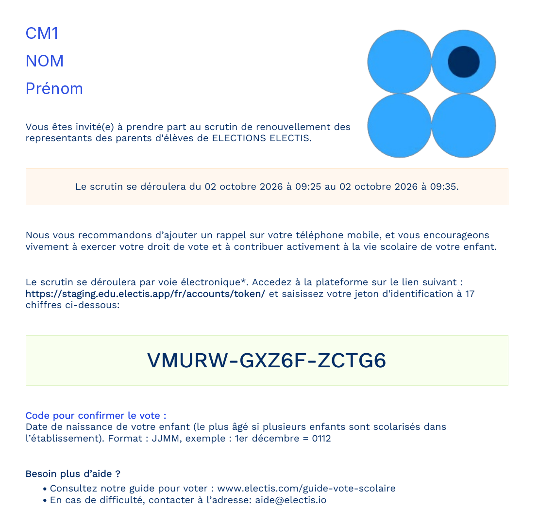 Courrier d'invitation au vote avec l'adresse de la plateforme, le jeton de vote et le code de confirmation
