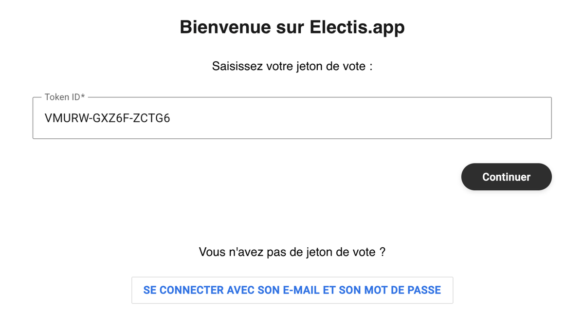 Page Bienvenue sur Electis.app avec le champ de saisie du jeton de vote