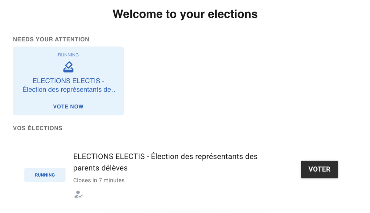 Liste des élections avec le bouton Voter