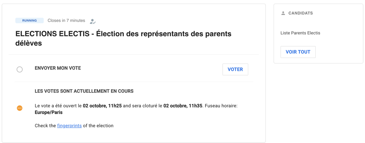 Page de l'élection avec les horaires du scrutin et le bouton Voter