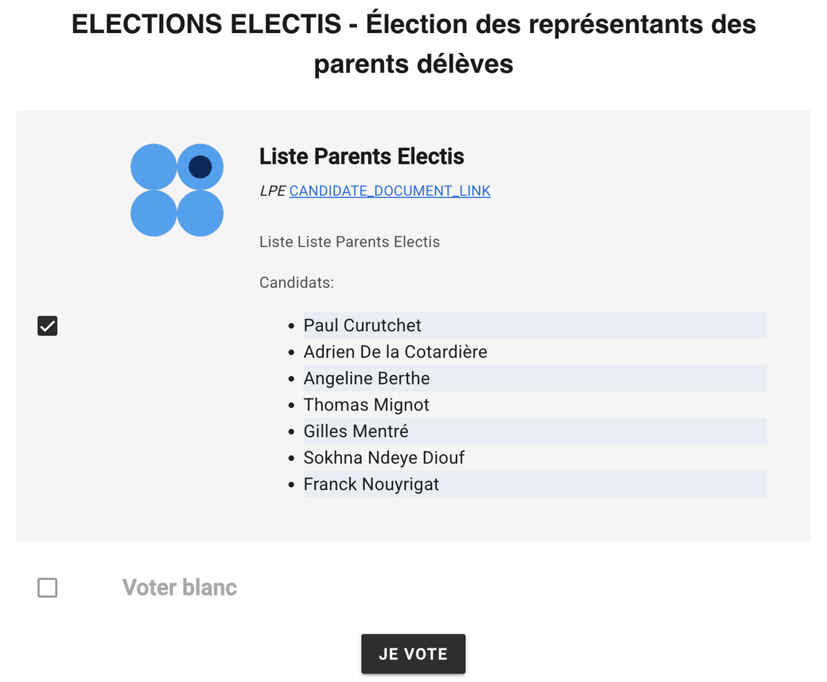 Bulletin de vote avec une liste cochée et le bouton Je vote