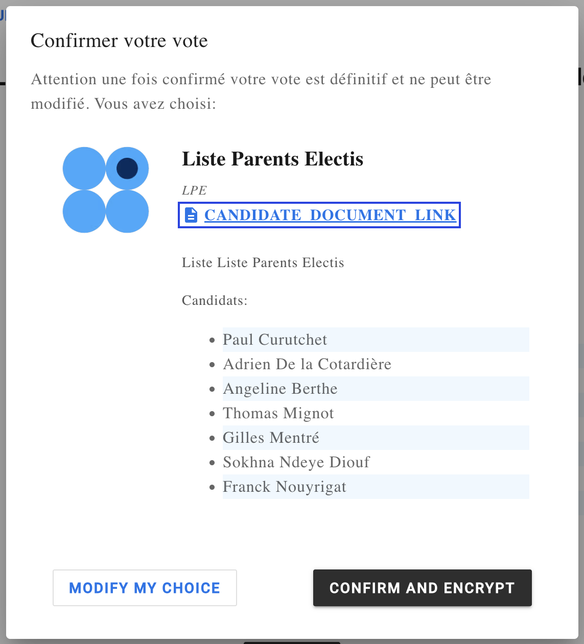 Fenêtre de confirmation du vote