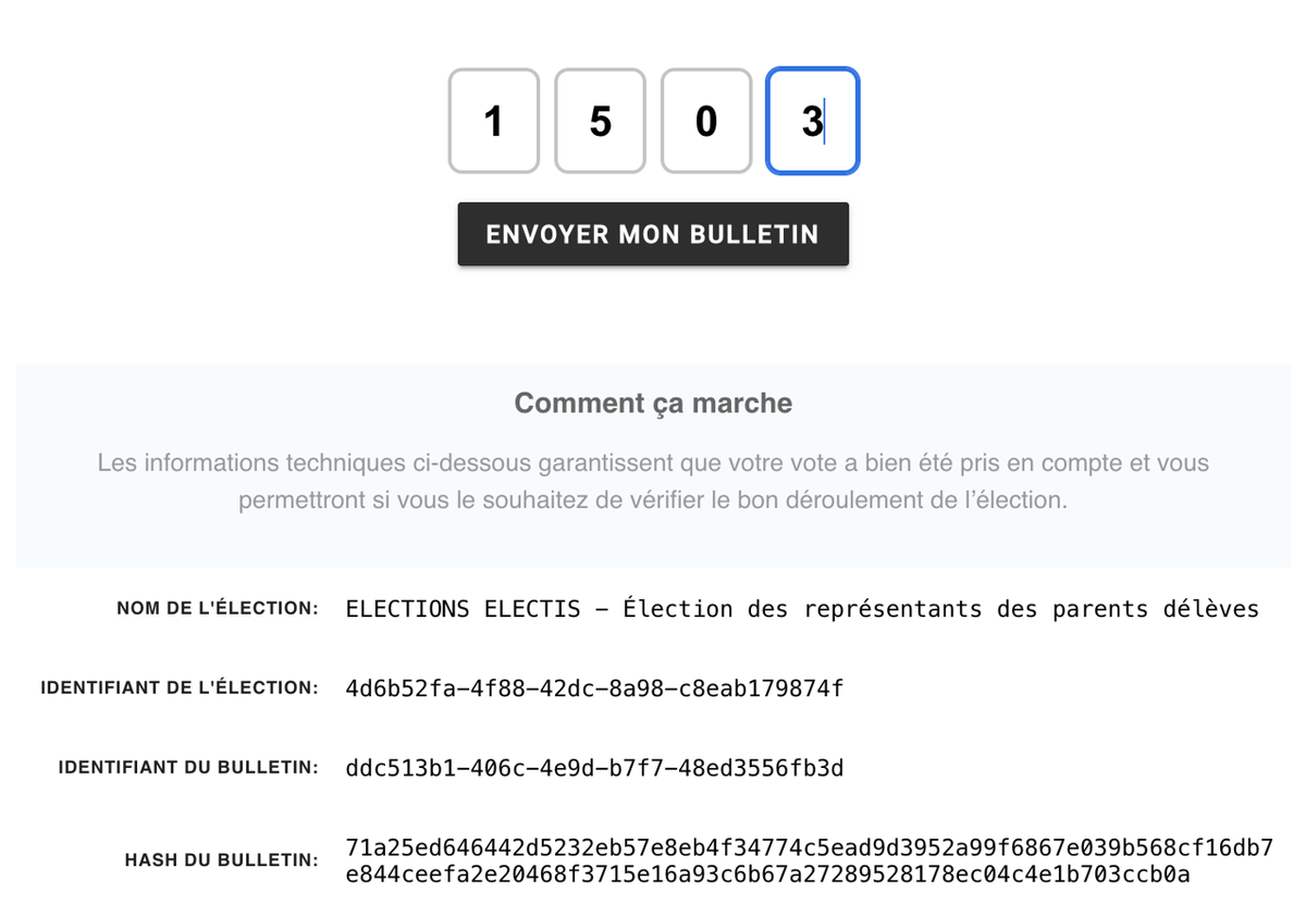 Saisie du code secret à 4 chiffres et bouton Envoyer mon bulletin